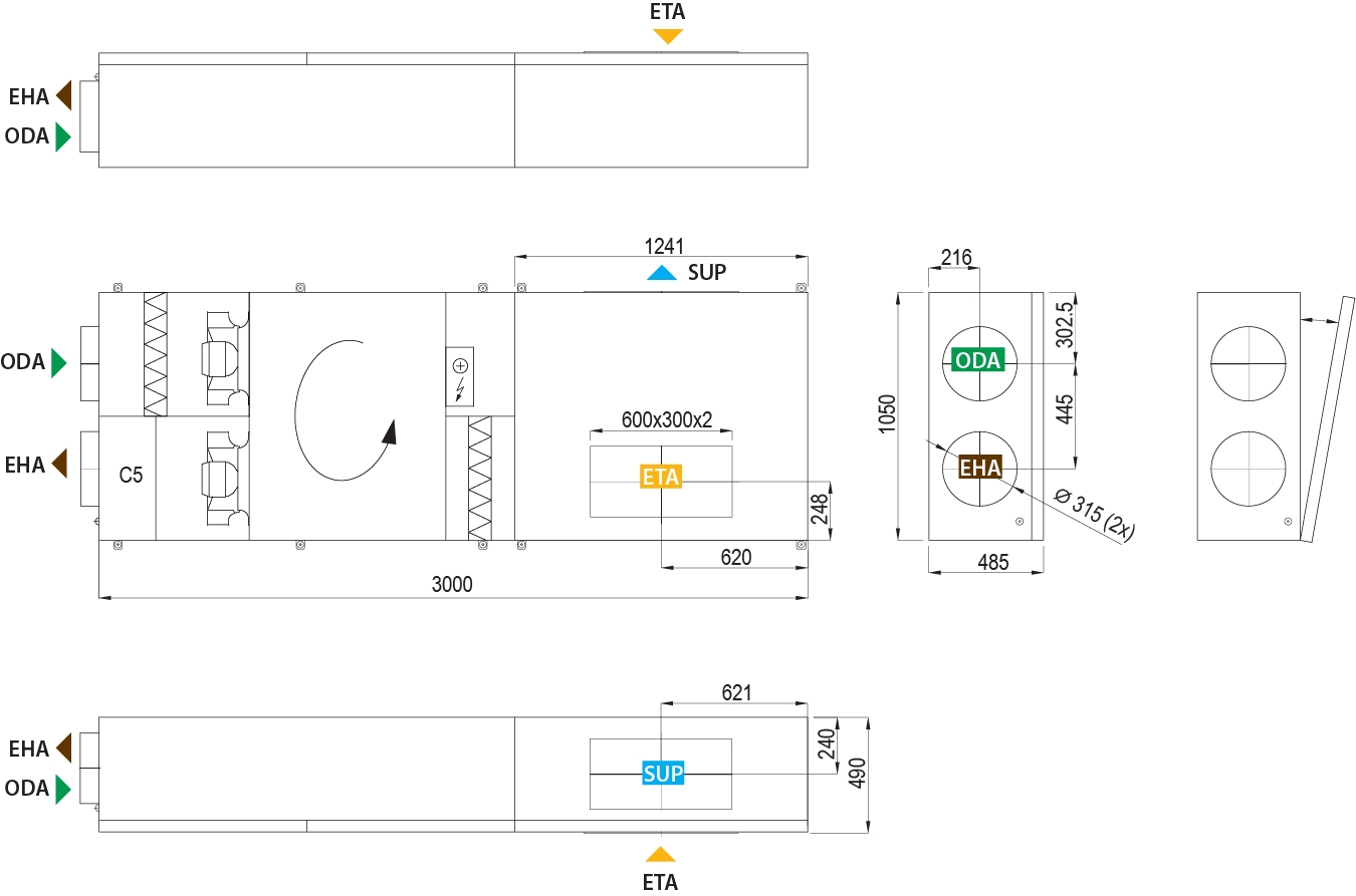 Rysunek techniczny rekuperatora Komfovent VERSO R 1000 FSA C5