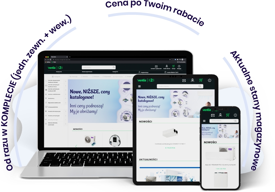 Zdjęcie laptopa, tabletu i smartfonu wyświetlających serwis Ventia B2B