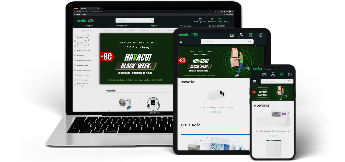 Zdjęcie laptopa, tabletu i smartfonu wyświetlających serwis Ventia B2B